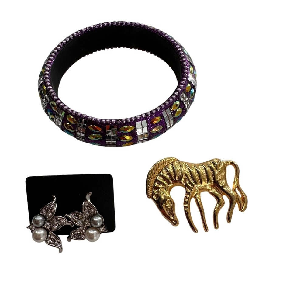 Elegant Silver Tone Pearl Rhinestone Earrings Mosaic‎ Bangle Bracelet Horse b